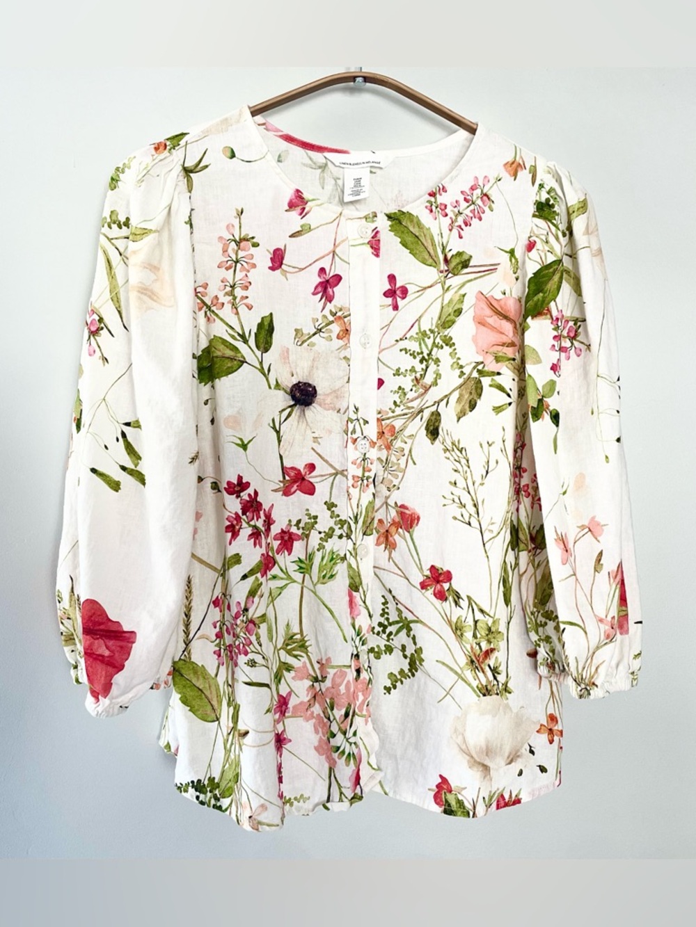 H&M White Floral Button-Front Blouse Linen Puff Balloon 3/4 Sleeve Pink Green M